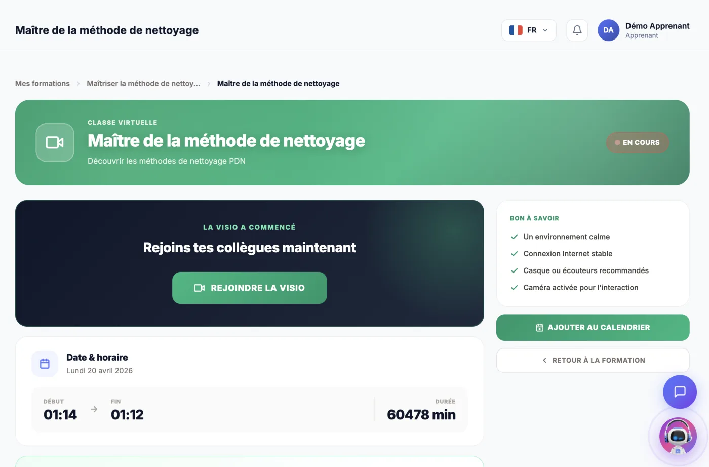 Visioconférence en direct avec formateur et participants