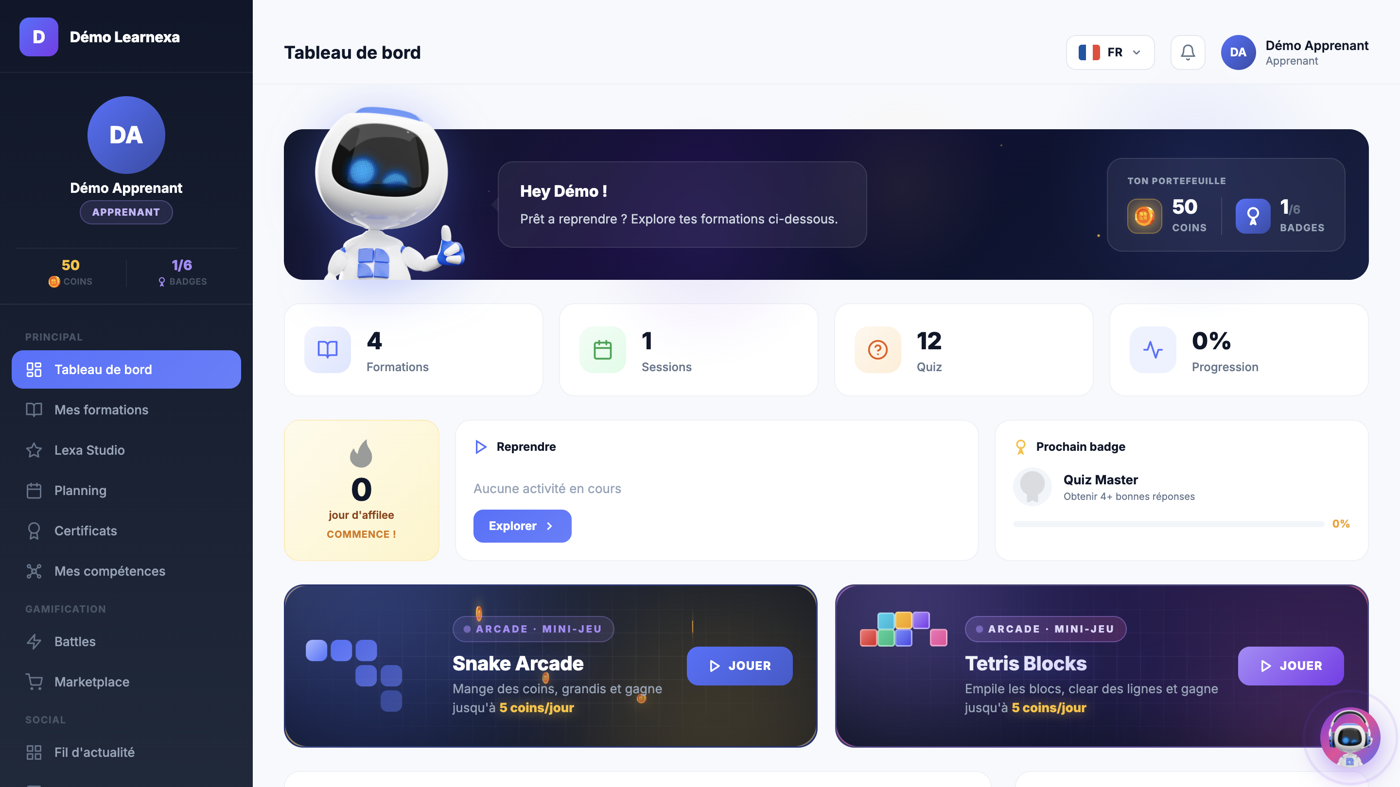 Portail apprenant gamifié Learnexa
